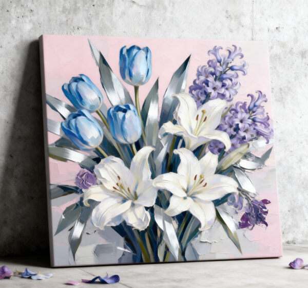 Hand Painted Blue tulips, white lilies, purple hyacinths Oil Painting PTAB06