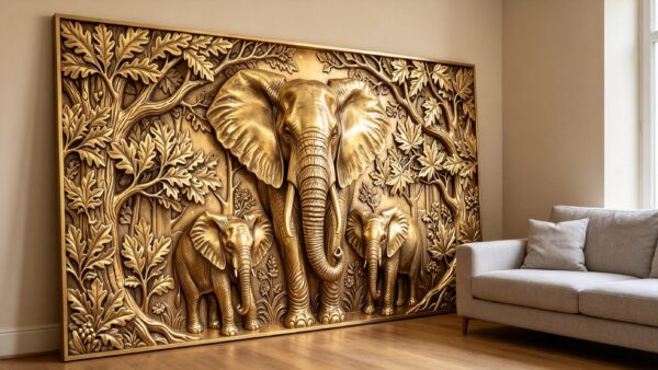 Golden Elephant Family 3D Printed Relief Art Wall Decor