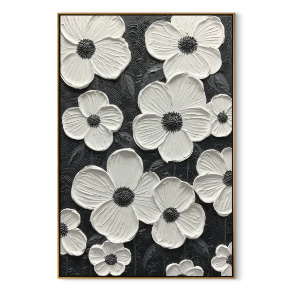 3D Textured White Floral Canvas Wall Art Modern Black & White Sculptural Flower Oil Painting for Living