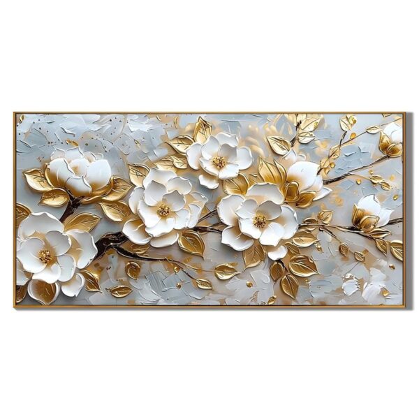 3D White Magnolia Flower Painting Gold Textured Art