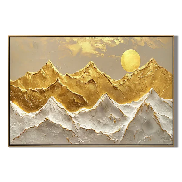 Luxury abstract golden peaks and sun 3D impasto oil painting with heavy palette knife texture