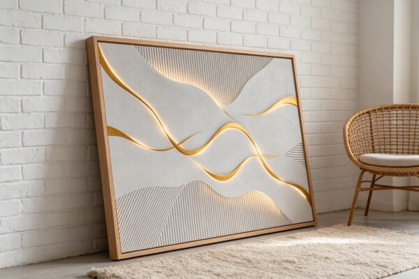 Horizontal 3D raised abstract canvas artwork showcasing multiple intertwined flowing gold veins embedded in a heavy textured minimalist white relief surface.
