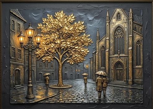 3D textured metallic wall art vintage gothic church golden tree