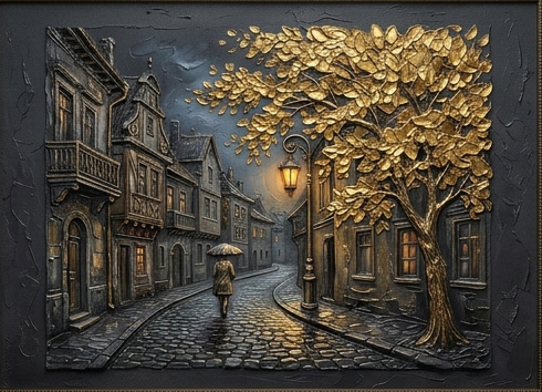 Luxurious 3D Textured Metallic Wall Art Golden Solitude Vintage European Street Oil Painting Effect canvas for Living Room Decor