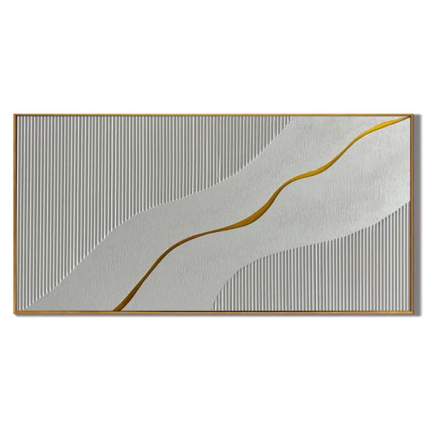 "Minimalist Harmony" - Textured White Wave & Gold Thread Relief Art