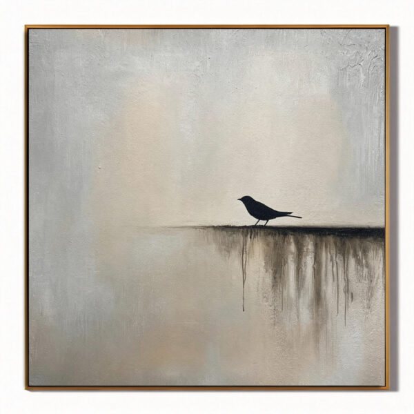 Minimalist Bird Oil Painting - Black Bird Silhouette Wall Art - Modern Abstract Textured Canvas Painting for Living Room