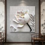 3D Lotus Flower Relief Wall Art - Japanese Wabi-Sabi Framed Canvas Decor