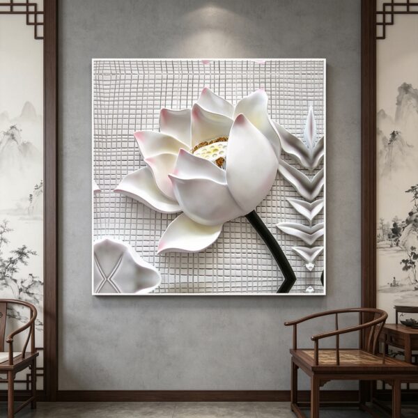 3D Lotus Flower Relief Wall Art - Japanese Wabi-Sabi Framed Canvas Decor