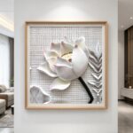 3D Lotus Flower Relief Wall Art - Japanese Wabi-Sabi Framed Canvas Decor