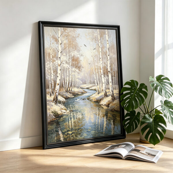 3D Textured Serene Birch Forest Stream Canvas Wall Art