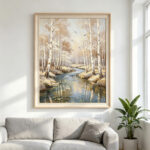 3D Textured Serene Birch Forest Stream Canvas Wall Art