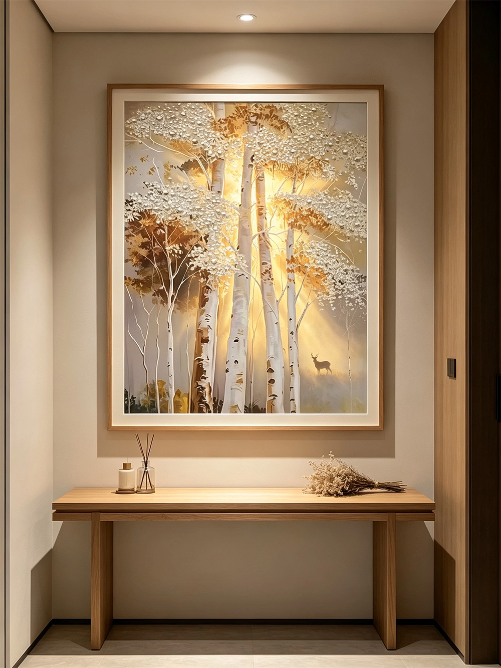 3d-golden-birch-forest-deer-textured-wall-art