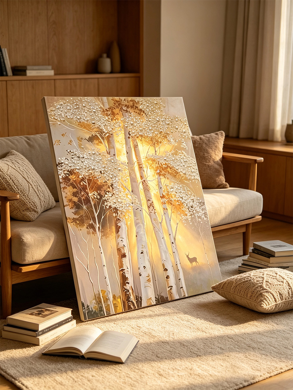 3d-golden-birch-forest-deer-textured-wall-art