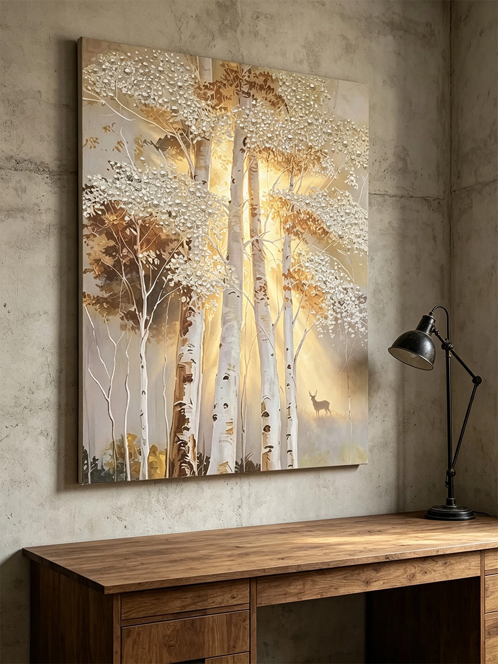 3d-golden-birch-forest-deer-textured-wall-art