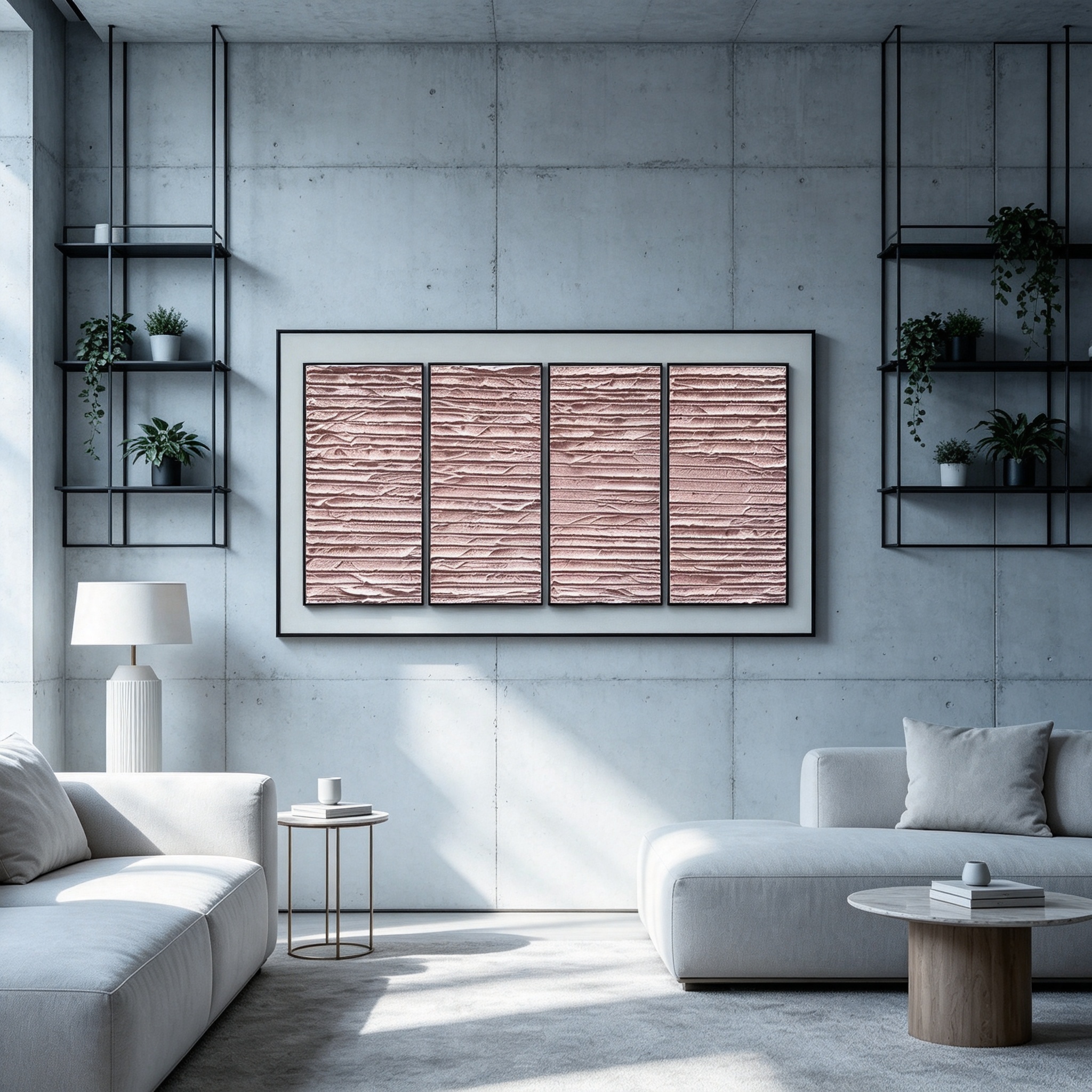 Large luxury 3d printed textured wall art with gold frame hanging in modern living room