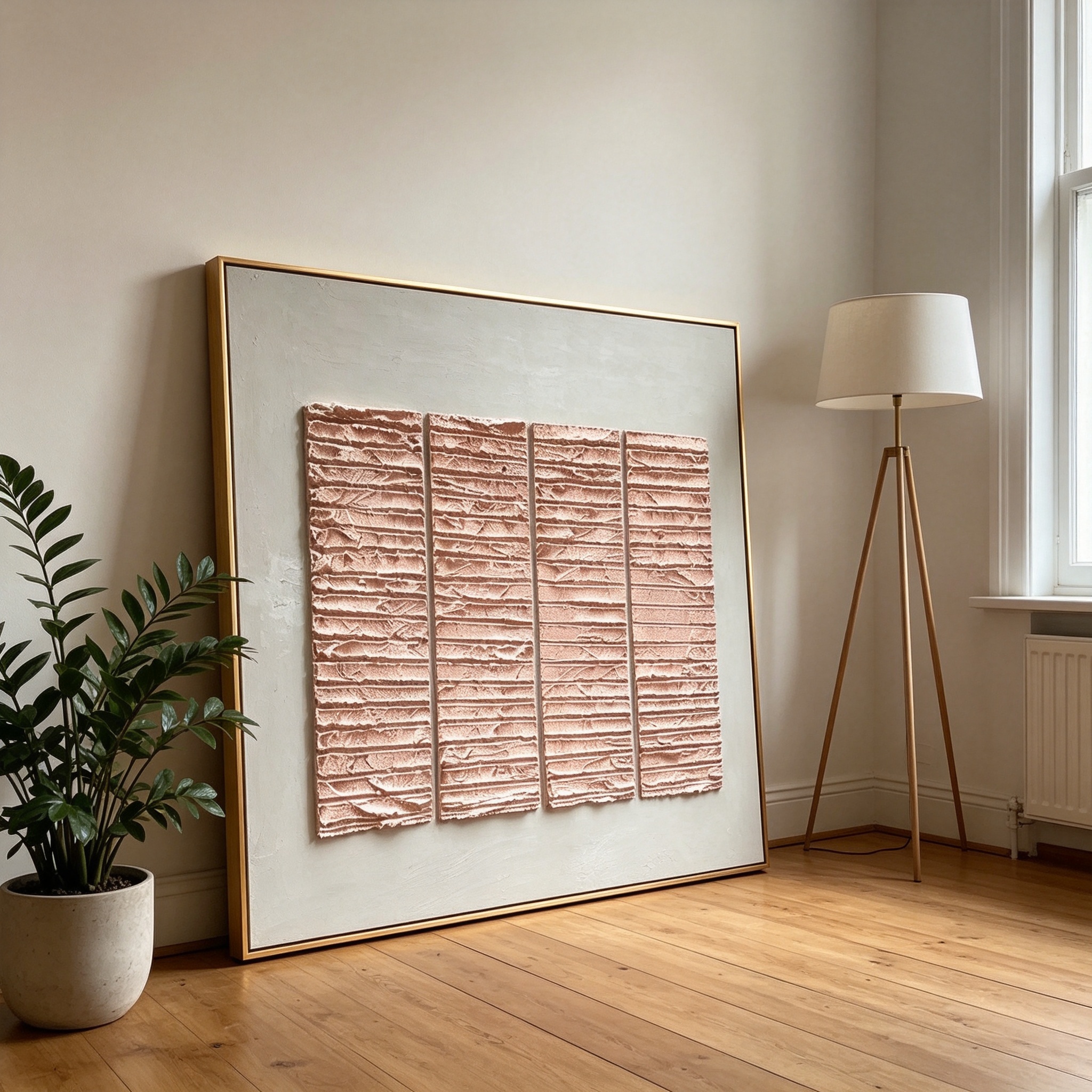 Large luxury 3d printed textured wall art with gold frame hanging in modern living room