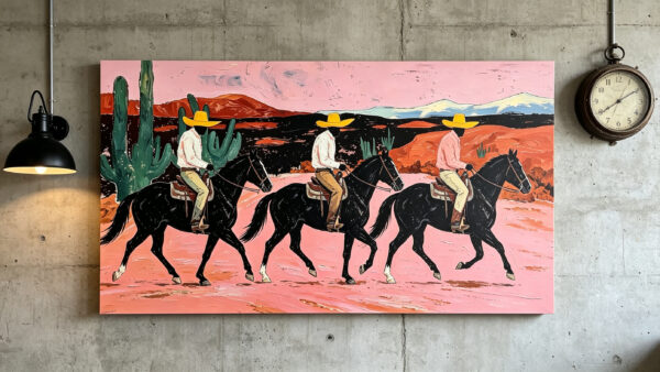 Western Cowboy Desert Canvas Wall Art - Three Horsemen & Cactus Landscape Painting for Living Room