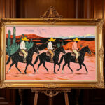 Western Cowboy Desert Canvas Wall Art - Three Horsemen & Cactus Landscape Painting for Living Room