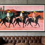Western Cowboy Desert Canvas Wall Art - Three Horsemen & Cactus Landscape Painting for Living Room