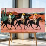 Western Cowboy Desert Canvas Wall Art - Three Horsemen & Cactus Landscape Painting for Living Room