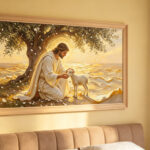 Jesus kneeling under an olive tree holding a lamb 3D Textured Art canvas