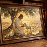Jesus kneeling under an olive tree holding a lamb 3D Textured Art canvas