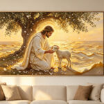 Jesus kneeling under an olive tree holding a lamb 3D Textured Art canvas