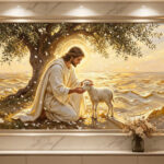Jesus kneeling under an olive tree holding a lamb 3D Textured Art canvas