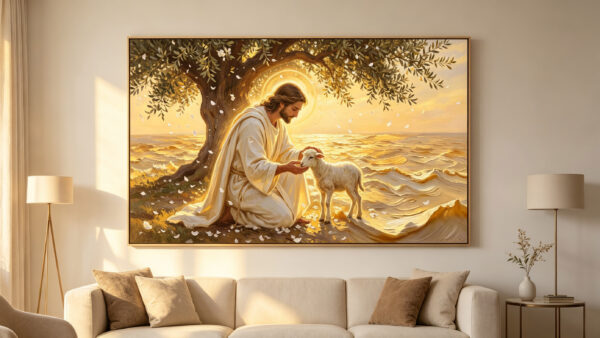 Jesus kneeling under an olive tree holding a lamb 3D Textured Art canvas