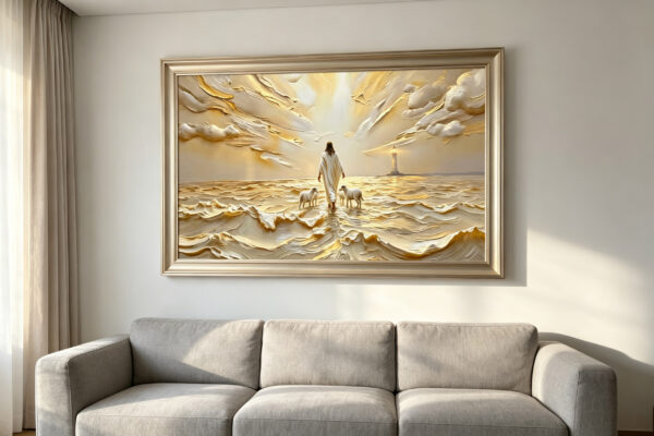 Jesus walking on water with sheep towards a lighthouse 3D Textured Art canvas