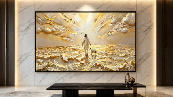 jesus walking with lamb golden field 3d textured art
