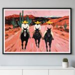 three cowboys riding horses western wall art