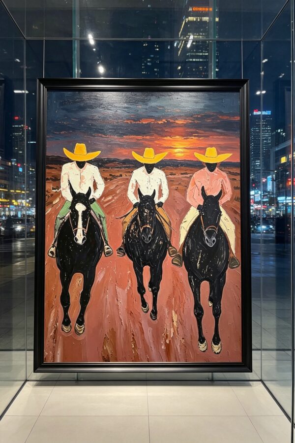 Vertical Western Cowboy Sunset 3D Textured Canvas Wall Art - Three Horsemen Riding at Sunset Desert Painting for Living Room