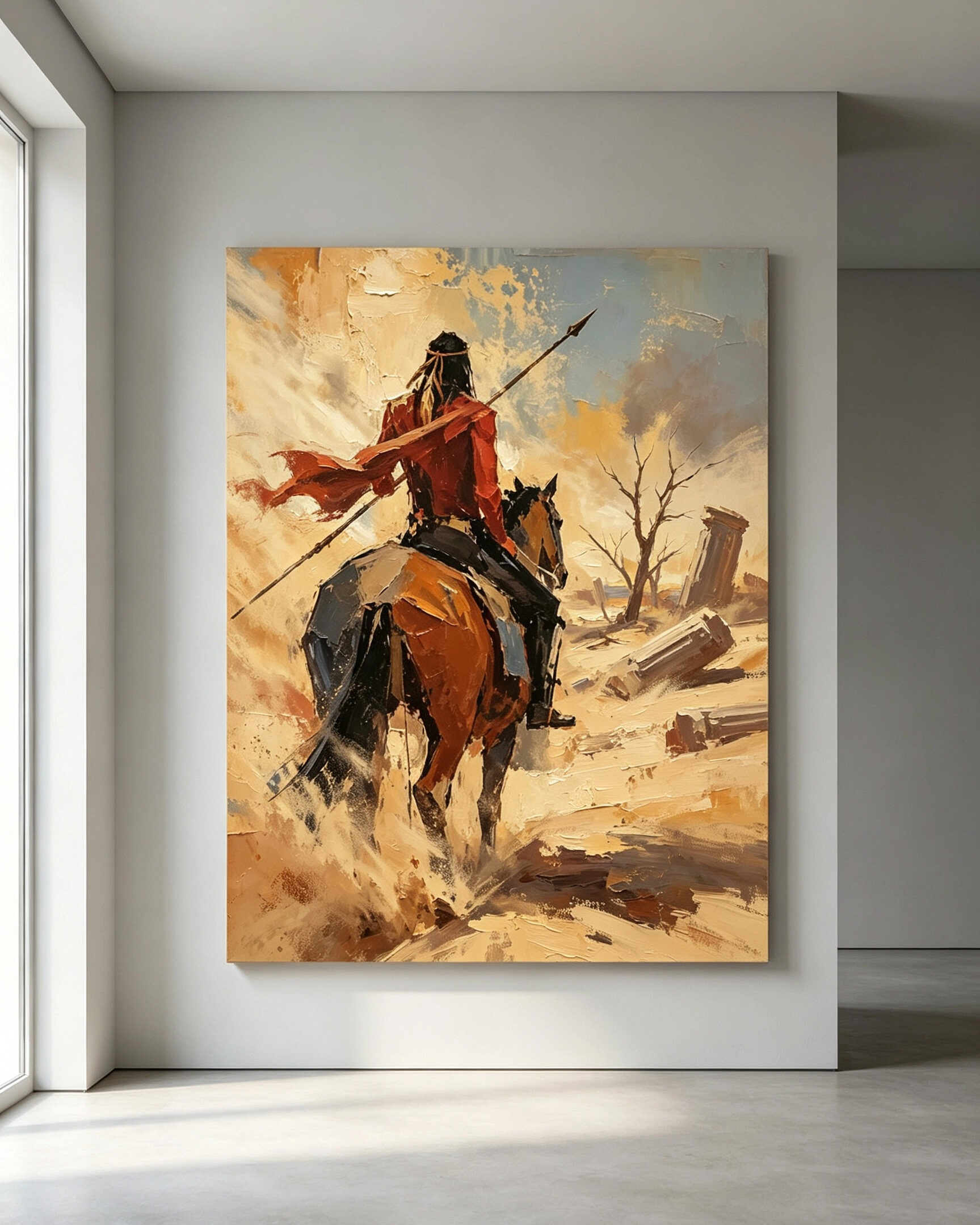 Native American warrior on horseback carrying spear 3D Textured Art canvas