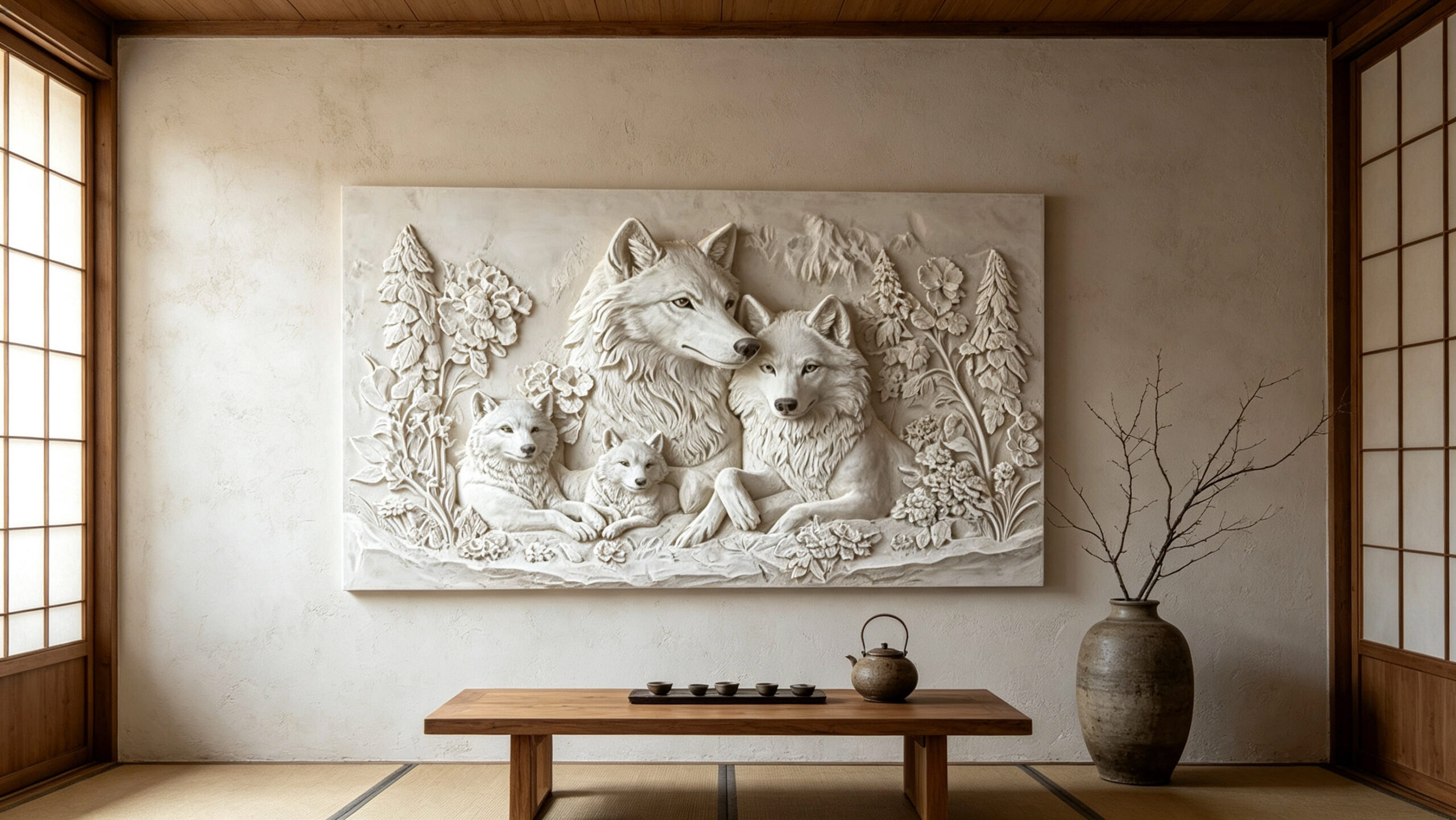 White Wolf Family 3D Textured Art canvas