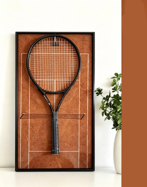 3d tennis racket shadow box frame with court background