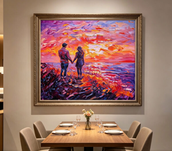 Impressionist oil painting of a couple watching sunset on the beach in a framed dining room setup